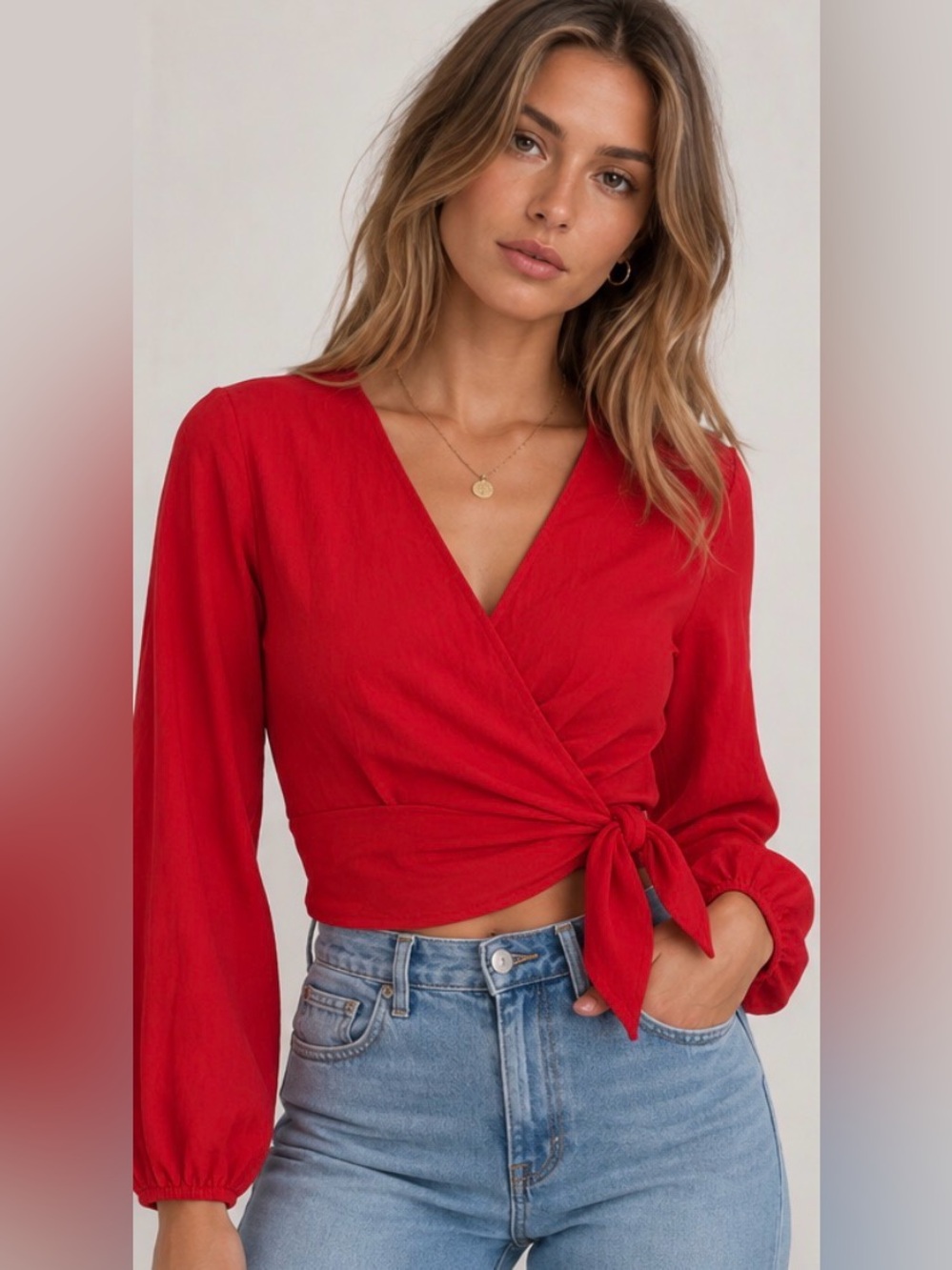 Tiger Mist Red Wrap Tie Front Long Sleeve Crop Top XS 🐅❤️